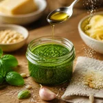 Recette pour pesto basilic maison : pot de pesto vert, basilic et huile d’olive