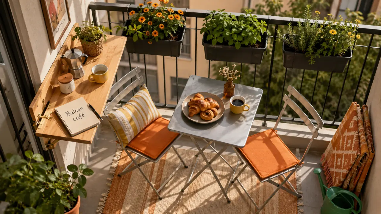 Amenager son balcon : mini balcon urbain coin café