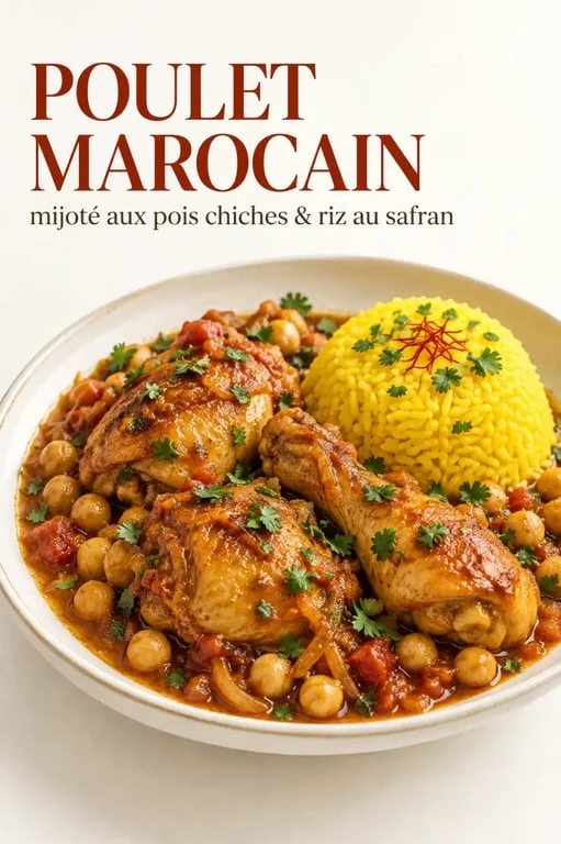 Recette au poulet marocain mijoté avec pois chiches et riz au safran