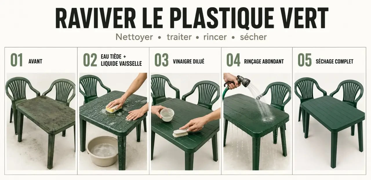 Comment raviver un salon de jardin en plastique vert : étapes de nettoyage, rinçage et séchage