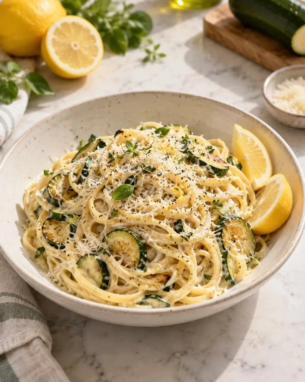 Recette facile pour le soir : pâtes crémeuses aux courgettes et au citron