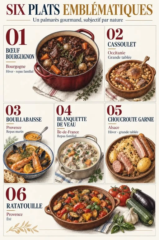 Infographie du meilleur plat français et des six plats emblématiques à découvrir