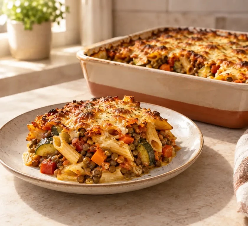 Recette familiale pas cher : gratin de pâtes aux lentilles et légumes