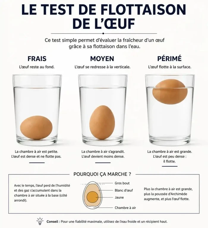 Schéma explicatif du test de fraîcheur des œufs dans l'eau pour vérifier le temps de conservation des œufs