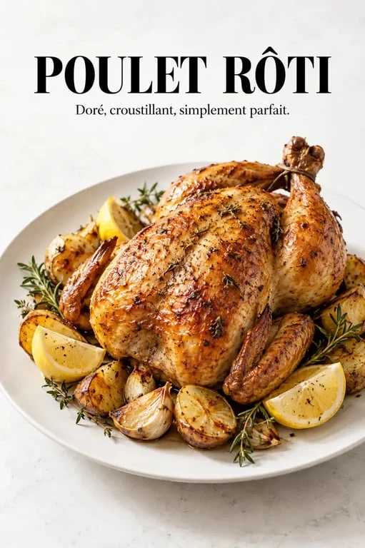 Poulet rotisserie maison à la peau dorée et croustillante servi avec des pommes de terre rôties