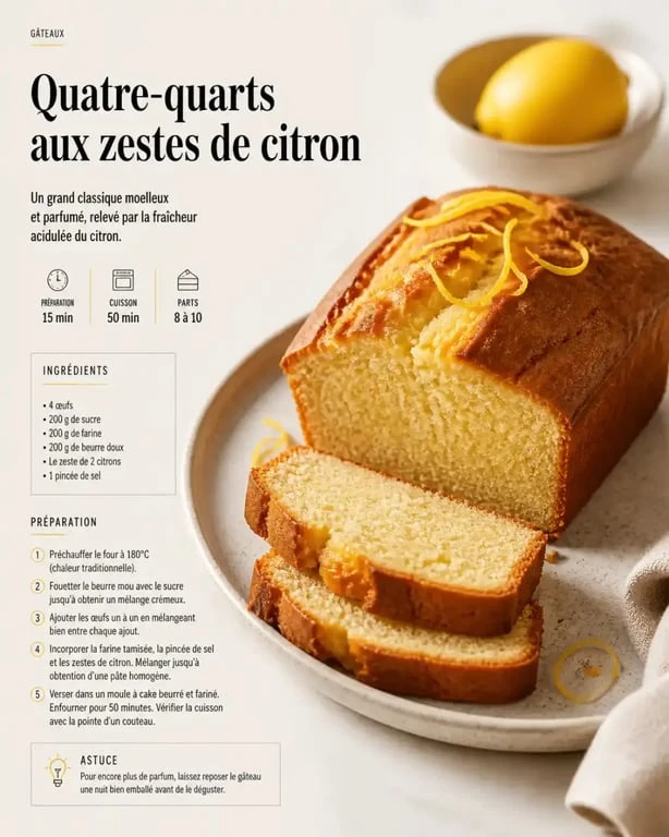 Recette pâtisserie quatre-quarts aux zestes de citron sur une assiette