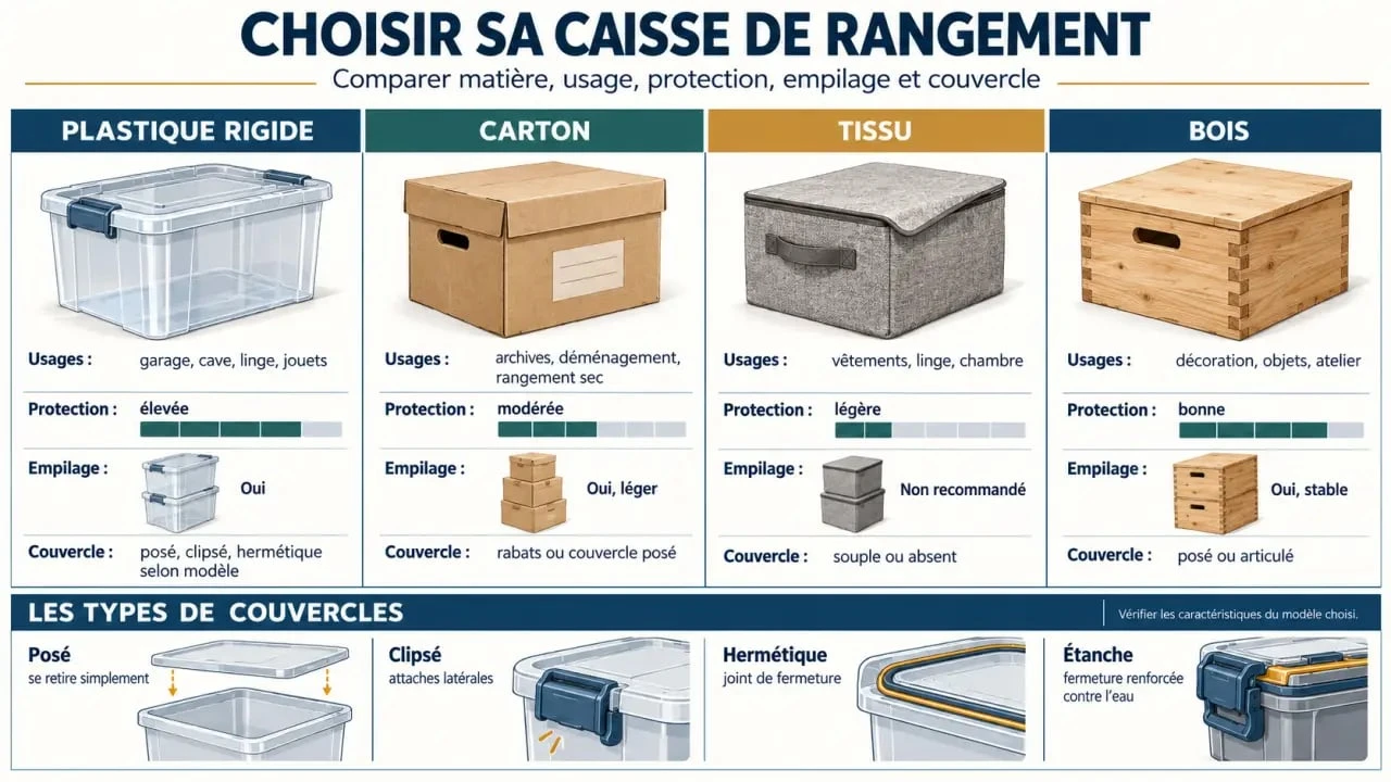 Infographie sur les caisses de rangement selon le matériau, le couvercle et l’usage