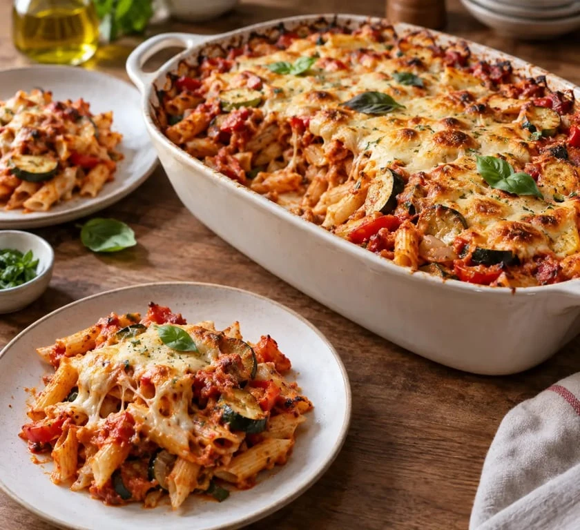Recette plat familial : gratin de pâtes aux légumes et fromage doré