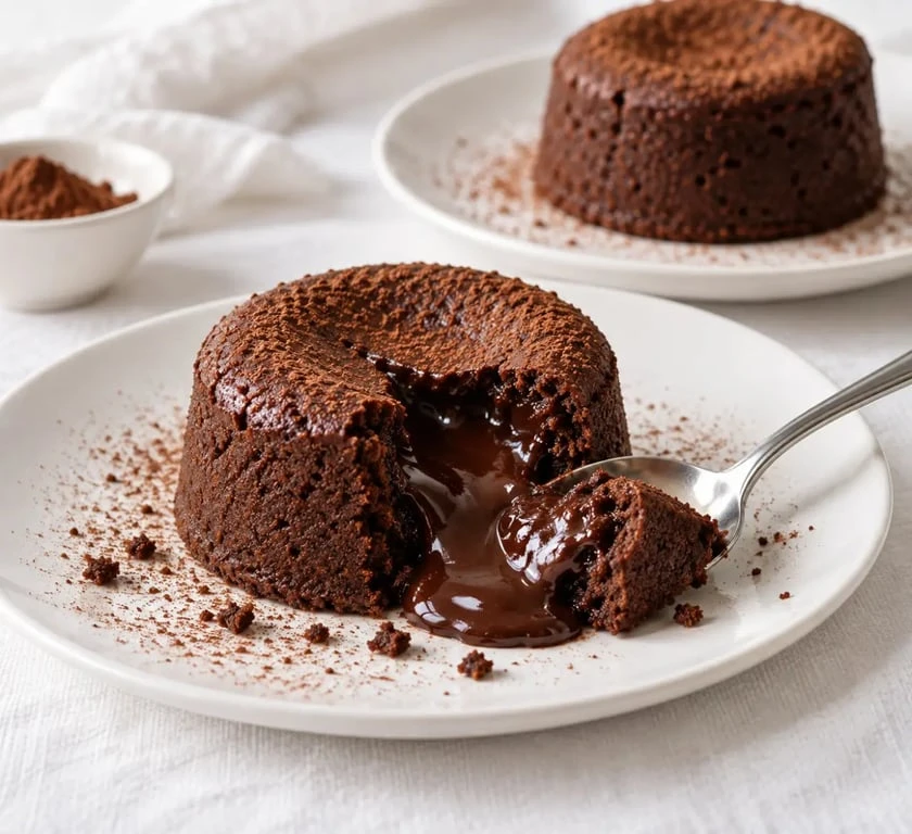 Fondants chocolat individuels au cœur coulant démoulés dans une assiette