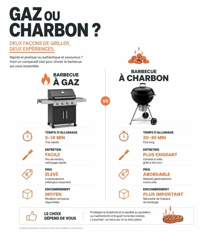 Comparatif barbecue gaz ou charbon selon prix, allumage, entretien et goût