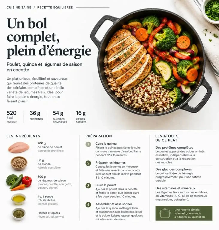 Plat unique facile et équilibré dans une cocotte, idéal pour un repas familial