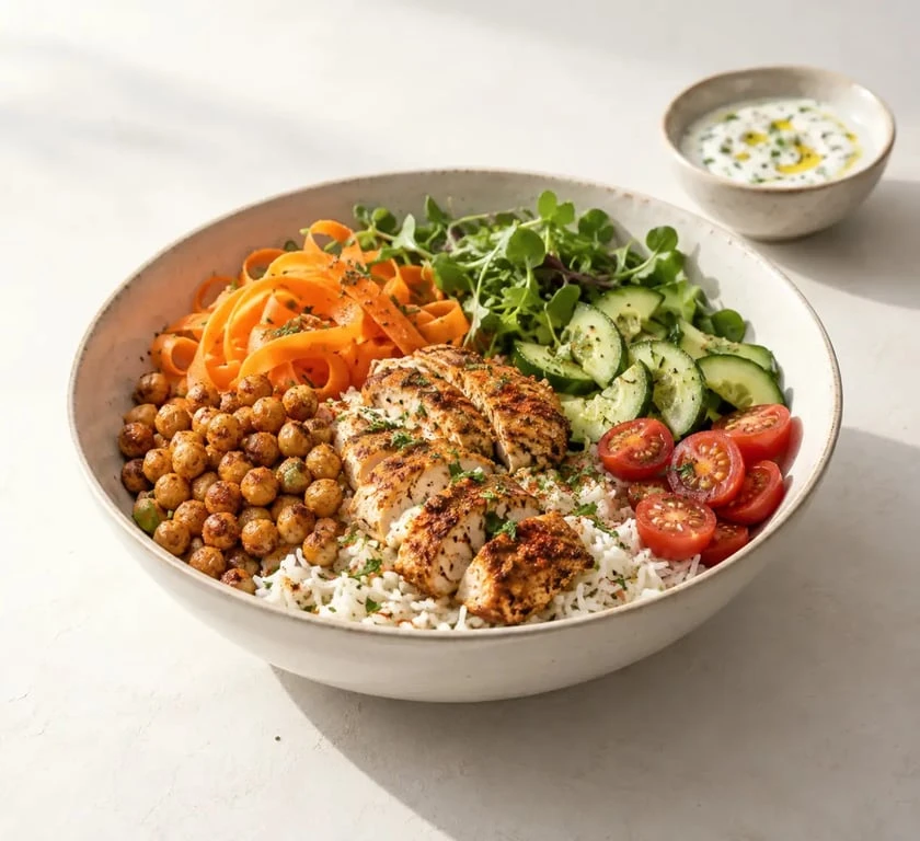 Recette midi : bowl de poulet, pois chiches et légumes croquants