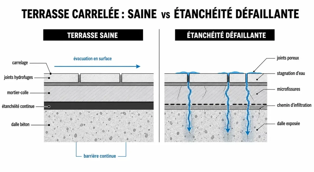 Étanchéité sur carrelage terrasse : schéma des couches et des points d’infiltration
