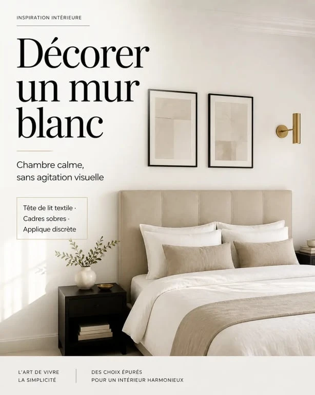 Décorer mur blanc dans une chambre avec une tête de lit textile et des cadres sobres