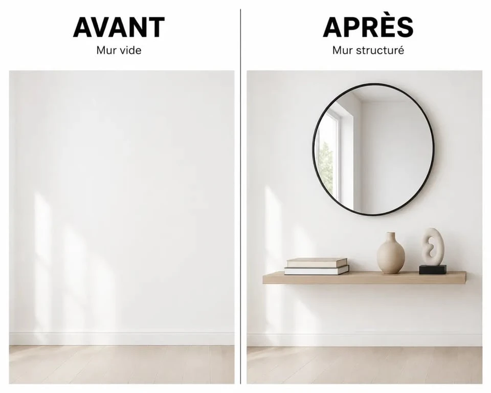 Décorer mur blanc avant après avec miroir et étagère flottante
