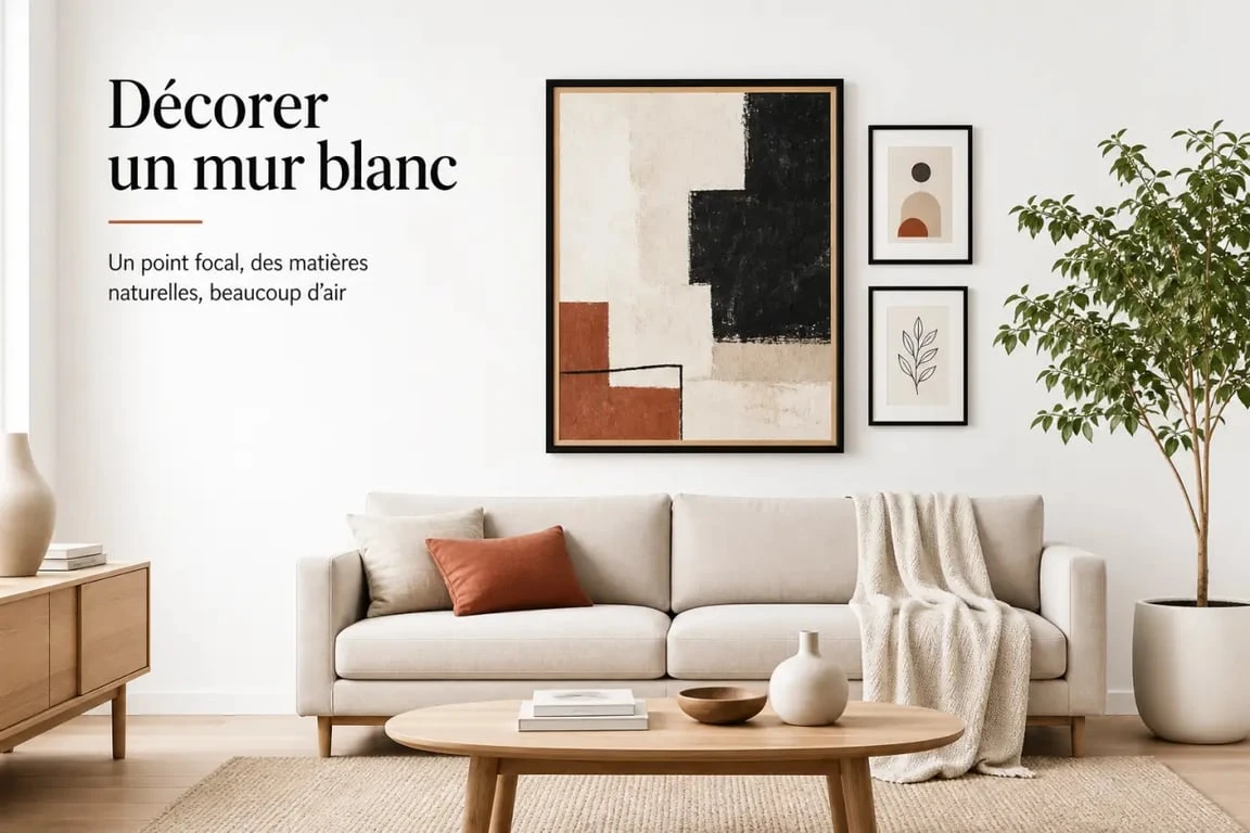 Décorer mur blanc dans un salon avec un grand tableau et des matières naturelles