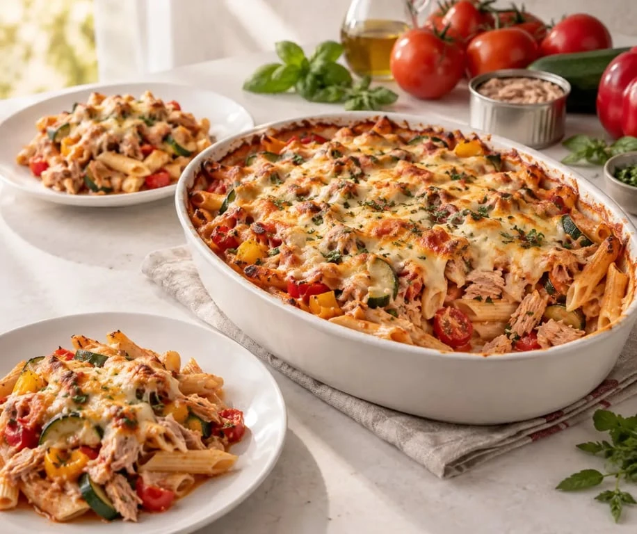 Plat familial pas cher et rapide : gratin de pâtes au thon, tomate et légumes