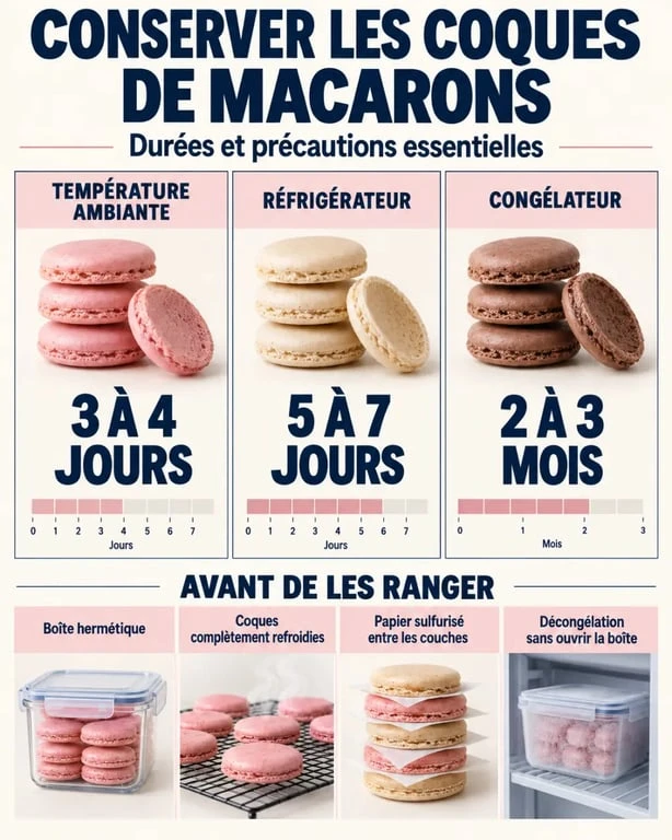 Infographie sur la conservation des coques de macarons vides selon la méthode et la durée