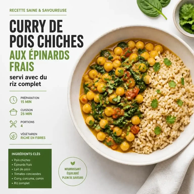 Curry de pois chiches aux épinards frais, une recette rapide et saine pour un dîner équilibré.
