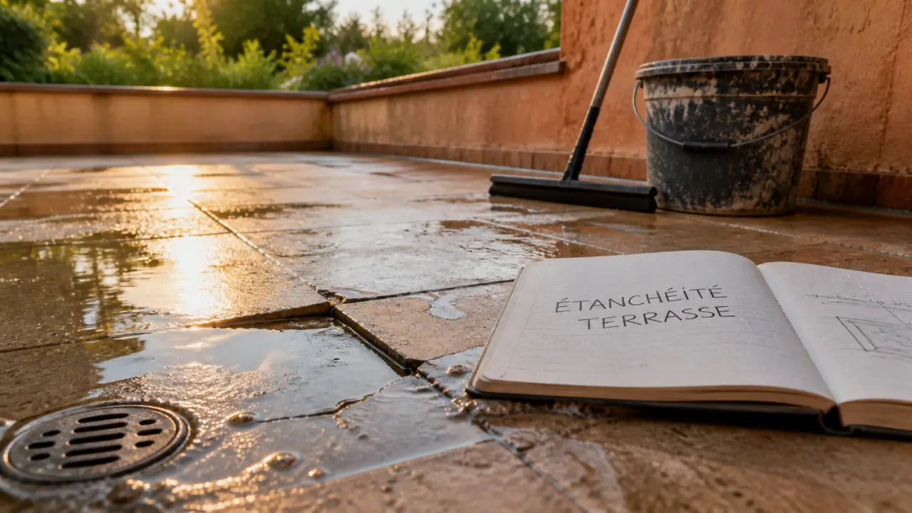 Étanchéité sur carrelage terrasse : joints fissurés et carreaux abîmés sur terrasse extérieure mouillée