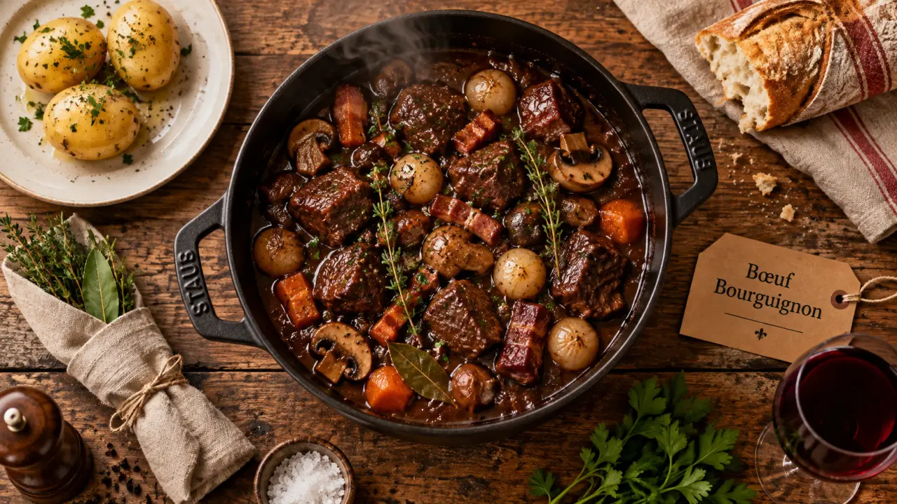 Meilleur plat français : bœuf bourguignon mijoté, cocotte fumante