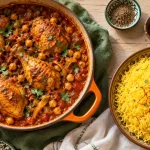 Recette au poulet marocain : poulet mijoté 1 heure en sauce tomate, pois chiches et herbes