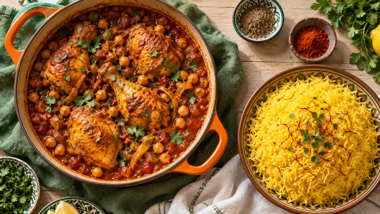 Recette au poulet marocain : poulet mijoté 1 heure en sauce tomate, pois chiches et herbes