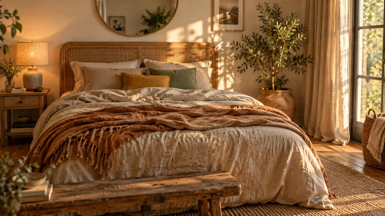 Déco chambre : lit cosy, lumière chaude, rangement