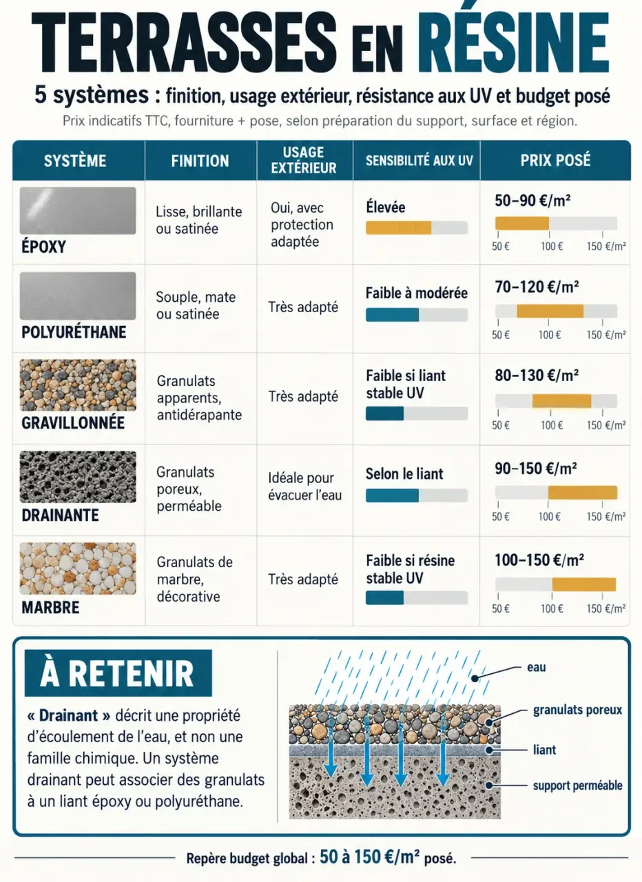 Terasse resine : infographie des systèmes, finitions et prix au mètre carré