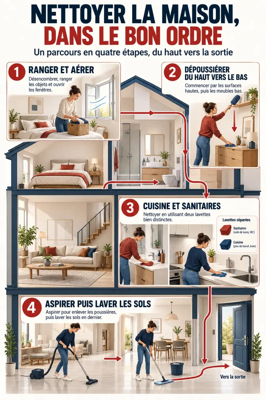 Étapes du nettoyage maison du rangement au lavage des sols