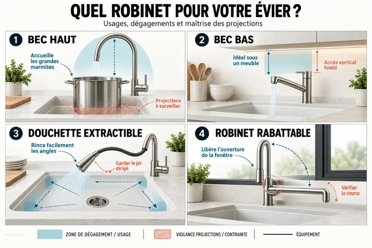 Comparaison visuelle des types de robinet cuisine : bec haut, bec bas, douchette extractible et modèle rabattable