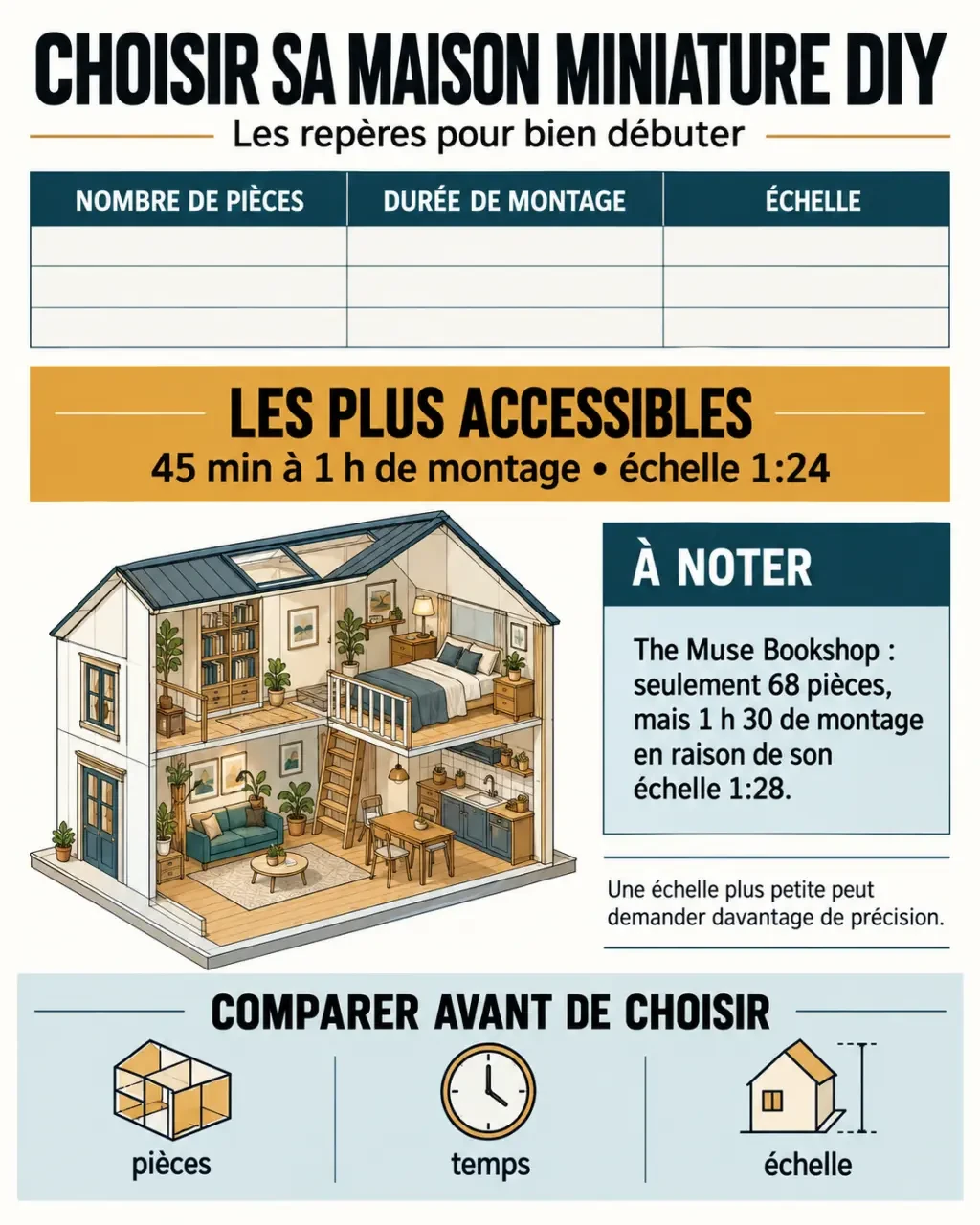 Infographie pour choisir une maison miniature DIY selon le nombre de pièces, la durée et l'échelle