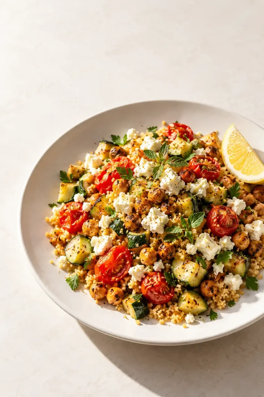 Idée repas rapide : poêlée de semoule aux pois chiches, légumes et feta