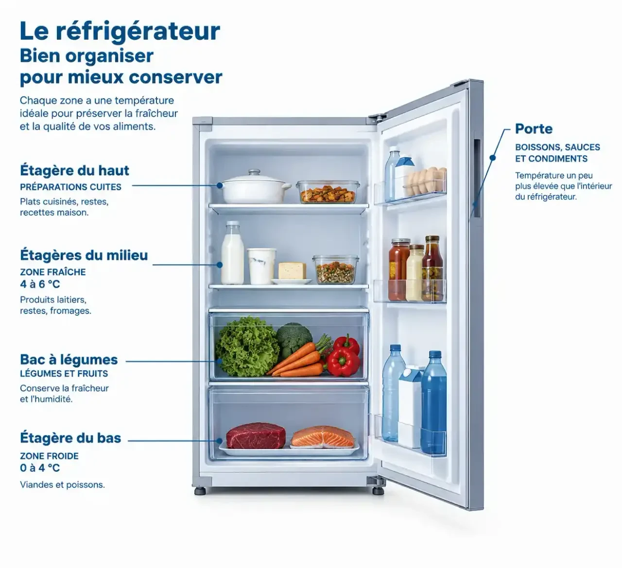 Schéma d'organisation du frigo par zones de température : où ranger viandes, laitages, légumes et condiments