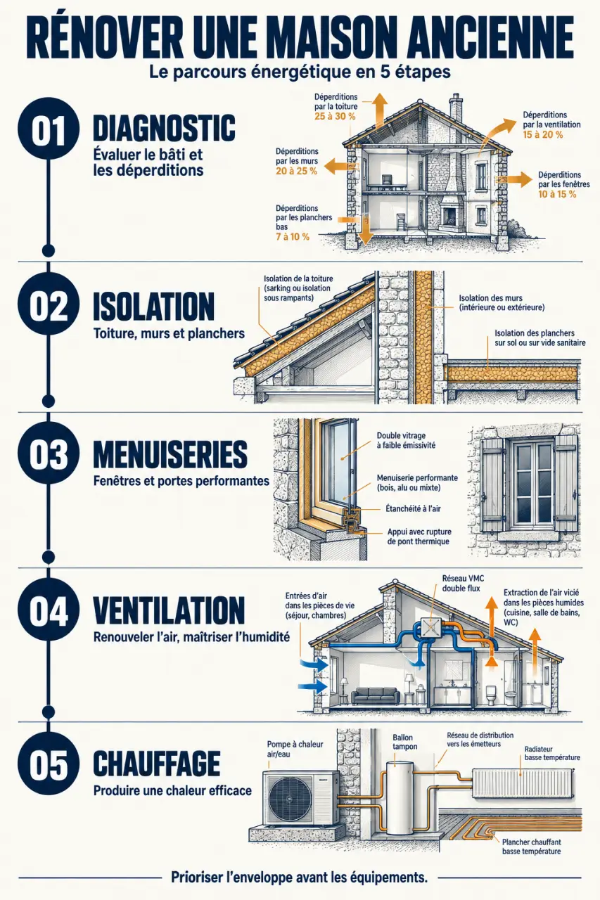 Ordre des étapes pour réussir la rénovation énergétique de votre maison ancienne : diagnostic, isolation, menuiseries, ventilation, chauffage