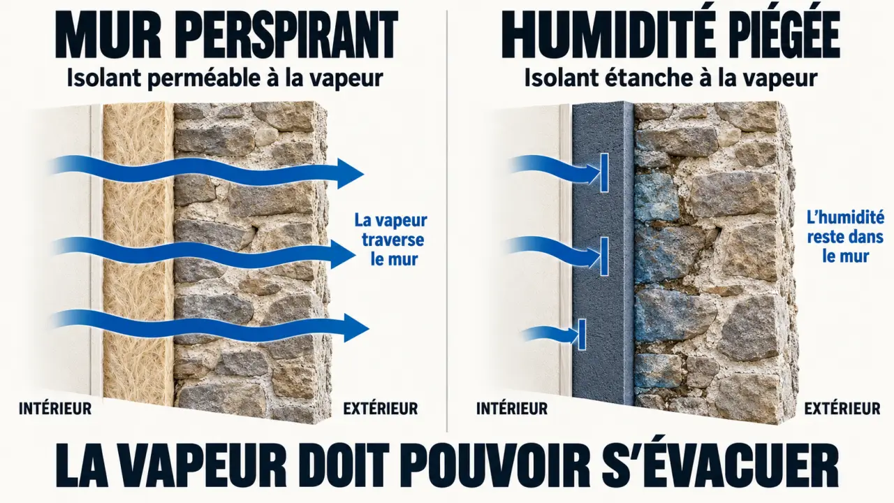 Schéma du mur perspirant d'une maison ancienne lors de la rénovation énergétique : isolant perméable contre isolant étanche