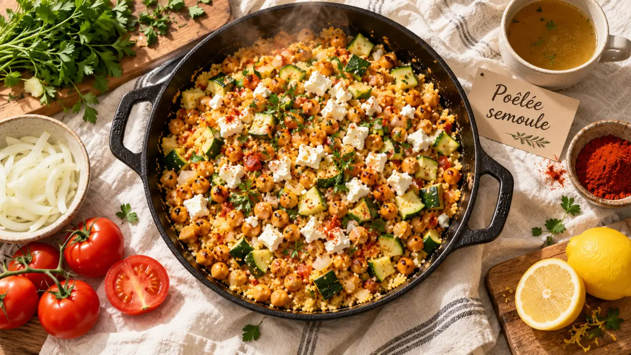 Idée repas 20 minutes : poêlée semoule pois chiches feta