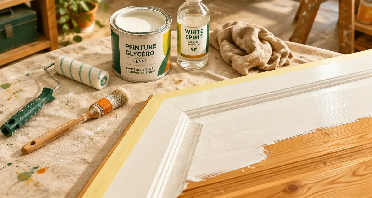 Peinture glycéro blanche sur boiseries : rouleau laqueur, pinceau et ruban de masquage en atelier