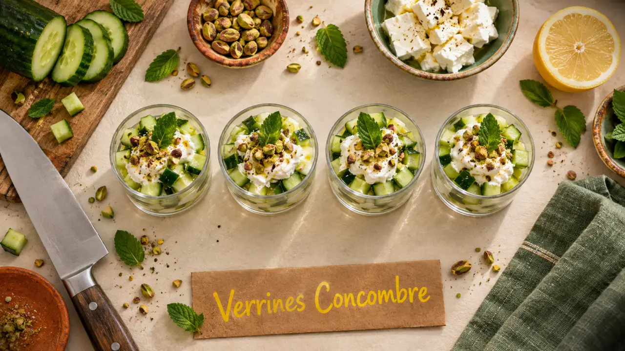 Recette entrée simple et originale : verrines concombre sans cuisson, feta et menthe
